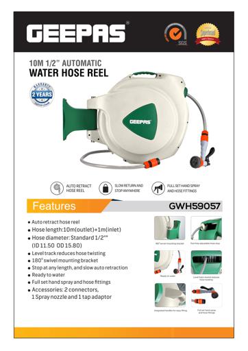 Buy Geepas 10M 1/2” Auto-Retracting Water Hose Reel With Level