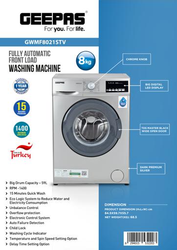 display image 23 for product 8kg 1000RPM Fully Automatic Front Load Washing Machine GWMF8021STV Geepas