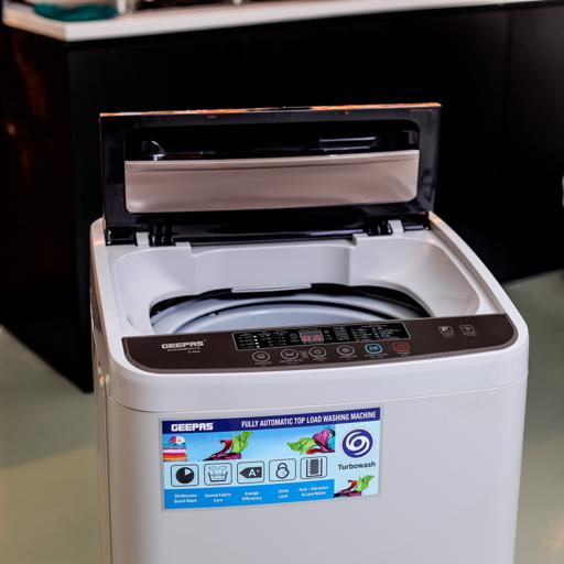 display image 1 for product Geepas Fully Automatic Top Loaded Washing Machine 6kg - Auto-Imbalance, Gentle Fabric Care, Turbo Wash, Anti Vibration & Noise, Child Lock, Stainless Steel Drum