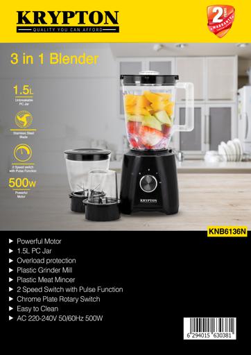 display image 12 for product 3-in-1 Blender, Stainless Steel Blades, KNB6136N - Stylish Design, Overload Protection, 1.5L Unbreakable PC Jar with Grinder Cups, 2 Speed Switch with Pulse Function, 500W Powerful Motor