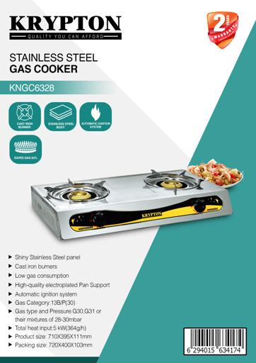 display image 10 for product Stainless Steel Gas Cooker, Cast Iron Burners, KNGC6328 - Two Burner, Automatic Ignition System, Electroplated Pan Support, Saves 60% Gas