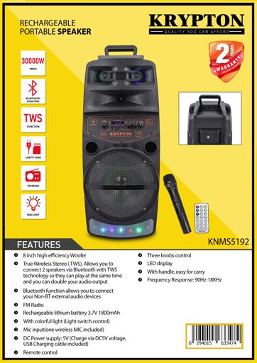 display image 11 for product Rechargeable Portable Speaker with Microphone, KNMS5192 | 8-inch Woofer & Remote Control |  Bluetooth, USB, FM radio, TF card, TWS and AUX Compatibility
