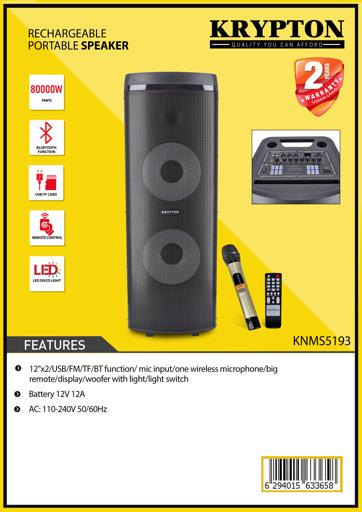 display image 13 for product Rechargeable Portable Speaker with 1 Mic & Remote | KNMS5193 | Bluetooth, USB, FM and TF card Compatible | 80000W | 12"x 2 Woofer with LED Lights