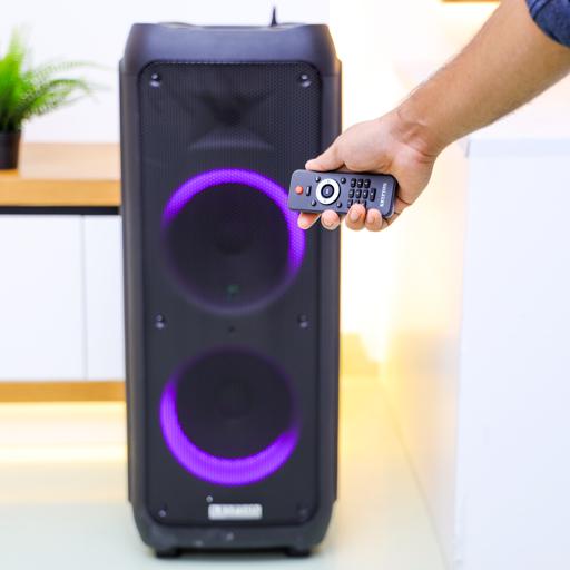 display image 1 for product Rechargeable Portable Speaker with 1 Mic & Remote | KNMS5193 | Bluetooth, USB, FM and TF card Compatible | 80000W | 12"x 2 Woofer with LED Lights