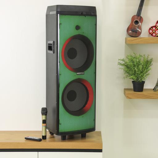 display image 1 for product Rechargeable Portable Speaker with 1 Mic & Remote | KNMS5193 | Bluetooth, USB, FM and TF card Compatible | 80000W | 12"x 2 Woofer with LED Lights