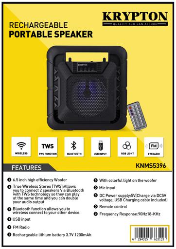 display image 7 for product Krypton Rechargeable Portable Speaker - Comfortable Handle | USB, FM, Mic, Bluetooth & Remote | LED Disco Light, 1800 Mah Battery | Party Speaker | Ideal for Indoor & Outdoors