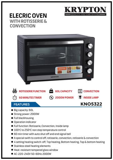 display image 8 for product Electric Oven with Rotisserie/Convection, 60L, KNO5322 | 60 Minutes Timer | Inside Lamp | Stainless Steel Heating Elements | Heat Resistant Tempered Window | 2000W Power