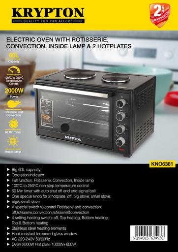 display image 9 for product Electric Oven with Rotisserie & Convection, 2000W, KNO6381 | 60L Capacity | Temperature Control | 60 Min Timer |Inside Lamp | 2 Hotplates | Tempered Glass Window