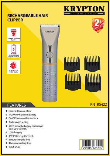 display image 9 for product Rechargeable Hair Clipper, Ceramic Titanium Blade, KNTR5422 | 1*2000mAh Lithium Battery | 3/6/9/12mm Guide Comb | 4 Hours Operating Time