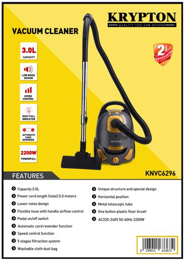 display image 11 for product Vacuum Cleaner, 3L Capacity, Dust Full Indicator, KNVC6296 | Speed Control Function | Pedal On/Off Switch | Automatic Card Rewinder | Cloth Dust Bag | Metal Telescopic Tube