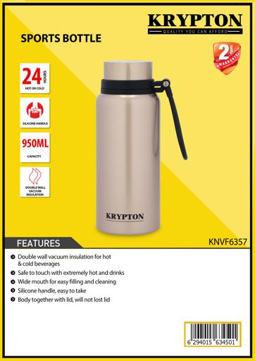 display image 9 for product Sports Bottle, Stainless Steel, 950ml, KNVF6357 | Double Wall Vacuum Insulation | Keep Drinks Hot Or Cold For Hours | Silicon Handle | Leak-Proof Lid