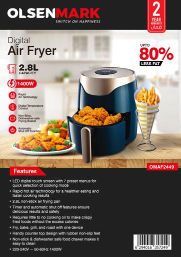 display image 9 for product Olsenmark 1400W Digital Air Fryer,  2.8 L Non-Stick Basket, OMAF2449  - Hot Air Circulation Technology for Oil Free Fat Free Cooking Healthy Food – All-in-1 Device to Fry, Bake, Grill & Roast - 2 Years Warranty