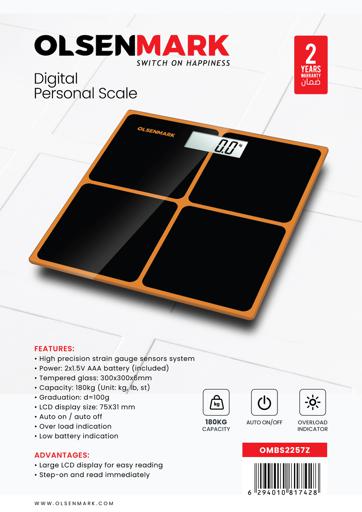 display image 7 for product Olsenmark Digital Personal Scale - Tempered Glass Platform - 180Kg Capacity - Lcd Display - Auto Zero