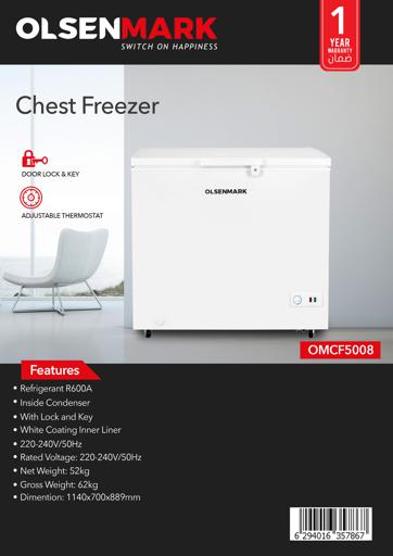 display image 5 for product Chest Freezer, Portable Compact Refrigerator, OMCF5008 | Adjustable Thermostat Knob | With Door Lock and Key | Ideal for Retailers, Home, Medical, Restaurants & More