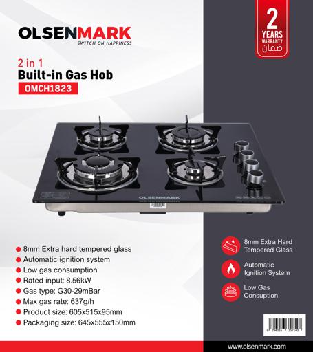 display image 4 for product Olsenmark 2 In 1 Gas Hob - 8mm Tempered Glass Top - Brass Burner - Auto-Ignition - Thick Pan Support | Bakelite Knobs | Low Gas Consumption | 2 Years Warranty
