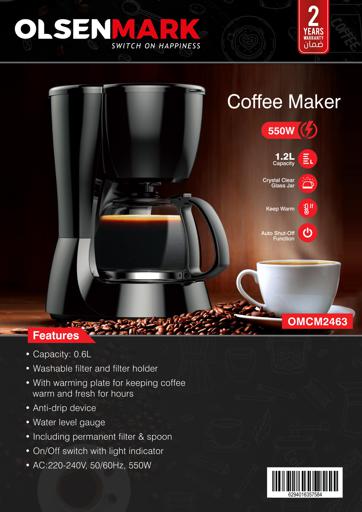 display image 10 for product Coffee Maker, Crystal Clear Glass Jar, 0.6L, 550W, OMCM2463 - Keep Warm & Anti-Drip System, Fast Brewing Technology,2 Years Warranty, Washable Filter And Filter Holder, Permanent Filter & Spoon