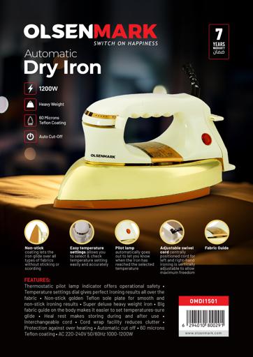 display image 7 for product Olsenmark Automatic Dry Iron- Non-Stick Golden Teflon Plate - Heavy Weight - Auto Cut-Off