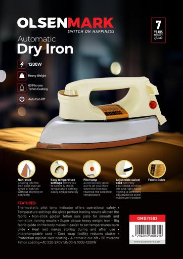 display image 7 for product Olsenmark Automatic Dry Iron - - Non-Stick Golden Teflon Plate - Heavy Weight - Auto Cut-Off