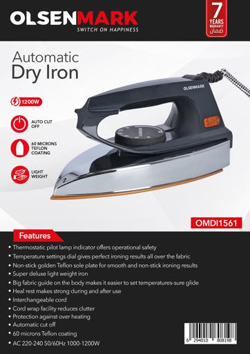 display image 8 for product Olsenmark Automatic Dry Iron- Non-Stick Golden Teflon Plate - Heavy Weight - Auto Cut-Off