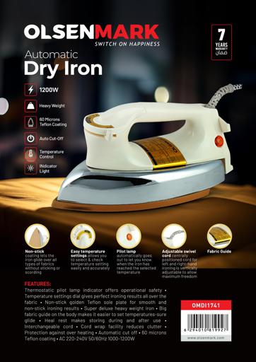 display image 8 for product Olsenmark Automatic Dry Iron - Non-Stick Golden Teflon Plate - Heavy Weight - Auto Cut-Off