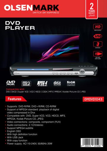 display image 10 for product DVD Player, HDMI Output, With 2.1Ch Audio Output, OMDVD1043 | DVD, Super VCD, VCD, HDCD, MP3, MPEG4, Kodak Picture CD, JPEG | USB Jack | Karaoke | Support MPEG4 Subtitle