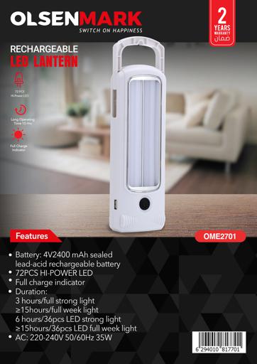 display image 10 for product Olsenmark Led Rechargeable Emergency Lantern, 72 Pcs Led - Lead-Acid Battery - Two Tube Use 32+32 Sm