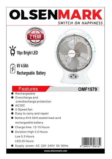display image 9 for product Olsenmark Desktop Rechargeable Fan With Led, 12 Inch - 2 Speed Setting - Lead-Acid Battery - Usb