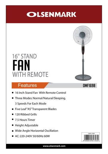 display image 9 for product Olsenmark Stand Fan with Remote, 16 Inch - Adjustable Height - Horizontal Oscillation - Powerful 60W Motor - 7.5 Hours Timer with 3 Speed - 5 Leaf Transparent ABS Blades - Home/Office Use