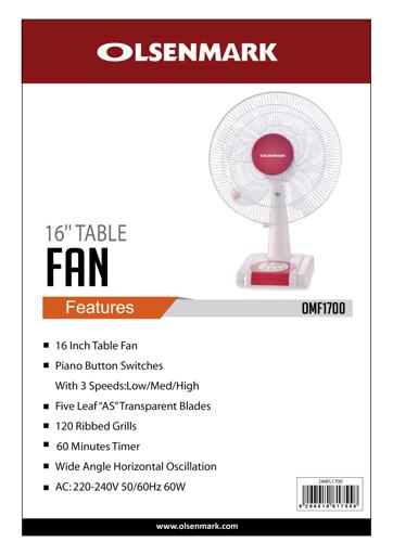display image 8 for product Olsenmark Table Fan, 16 Inch - Piano Switches - 3 Speed Setting - 120 Ribbed Grills, 5 Leaf Abs