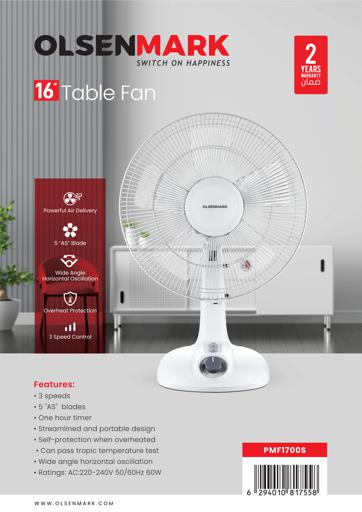 display image 10 for product Olsenmark Table Fan, 16"- Piano Switches- 3 speed setting - OMF1700 | 120 Ribbed Grills, 5 Leaf ABS Transparent Blades - Wide Angle Horizontal Oscillation - Timer Function - Cooling for Summer in Home/Office