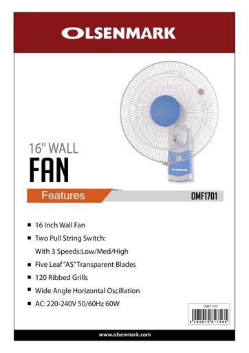 display image 4 for product Olsenmark Wall Fan, 16 Inch - Two Pull String Switch - 3 Speed Setting - 120 Ribbed Grills - 5 Leaf
