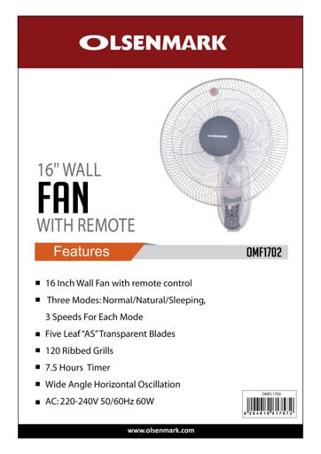 display image 9 for product Olsenmark Wall Fan With Remote, 16 Inch -3 Speed Setting - Powerful Motor - Timer Function - Cooling