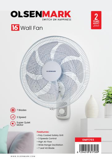 display image 1 for product Olsenmark Wall Fan, 12 Inch - Two Pull String Switch - 3 Speed Setting - 120 Ribbed Grills - 5 Leaf