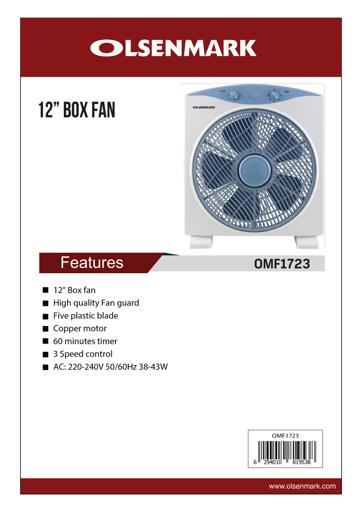 display image 12 for product Olsenmark 12'' Box Fan - Powerful Personal Desk Box Fan With Copper Motor