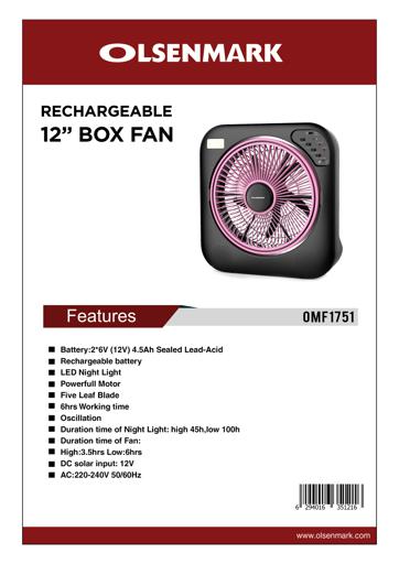 display image 10 for product Olsenmark Rechargeable Fan With Emergency Lantern, 12 Inch- 5 Leaf Pp Blades - Led Night Light