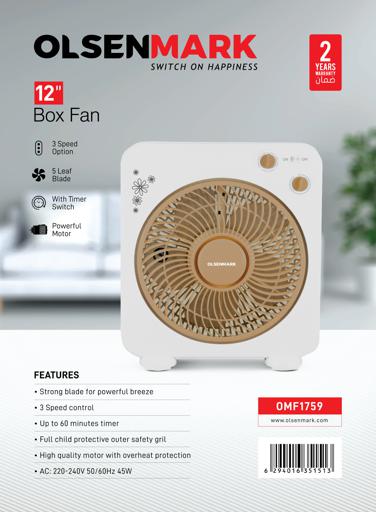display image 10 for product Olsenmark Box Fan, 12 Inch - 3 Speed Setting - 5 Leaf Strong Blade - Timer Function
