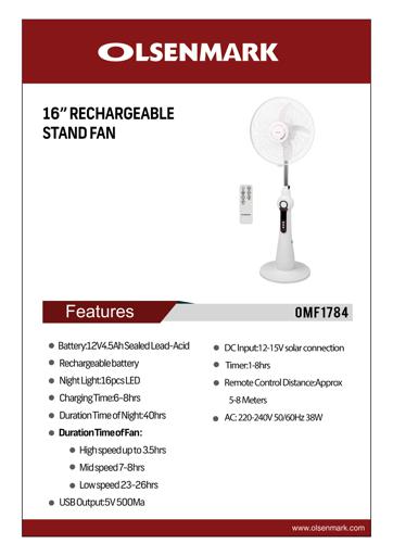 display image 9 for product Olsenmark Rechargeable Stand Fan, 16 Inch - Led Light - Remote Control - 12V, 4.5Ah Lead-Acid Battery