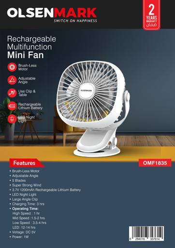 display image 10 for product Rechargeable Multifunction Mini Fan, OMF1835 - Adjustable Angle, Use Clip & Table, Rechargeable Lithium Battery, LED Night Light, Brush Less Motor