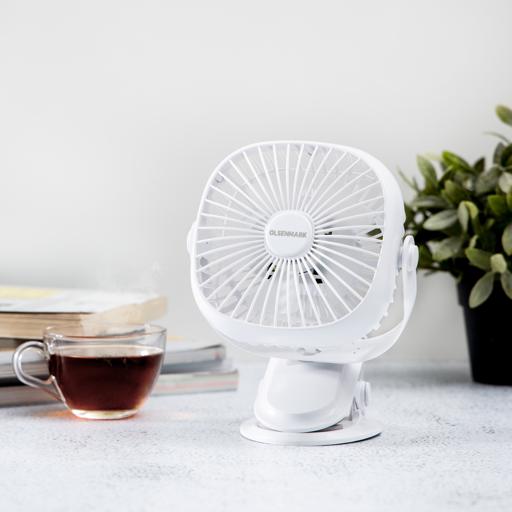 display image 1 for product Rechargeable Multifunction Mini Fan, OMF1835 - Adjustable Angle, Use Clip & Table, Rechargeable Lithium Battery, LED Night Light, Brush Less Motor