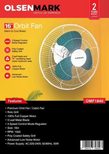 display image 5 for product 16" Orbit Fan, Silent and Cool Breeze, OMF1840 | Poly Coated Safety Grill | 3 Leaf Blade & Oscillating Head | 3 Speed Control Cabin Fan with Low Noise Motor