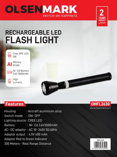 display image 9 for product Olsenmark OMFL2630 Rechargeable LED Flashlight, 281 MM - Super Bright CREE- LED Torch Light -1500 Distance Range - Powerful Torch for Camping, Hiking, Trekking, Outdoor 