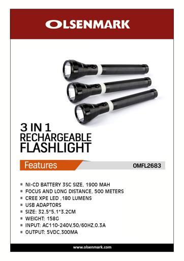 display image 9 for product Olsenmark Rechargeable Led Flashlight - Super Bright Cree- Led Torch Light - 3Pcs - Built-In Battery
