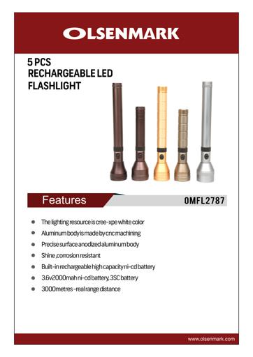 display image 8 for product Olsenmark Rechargeable Led Combo Flashlight - 5 Pcs - Cree-Xpe White Color - 2000Mah Ni-Cd Battery