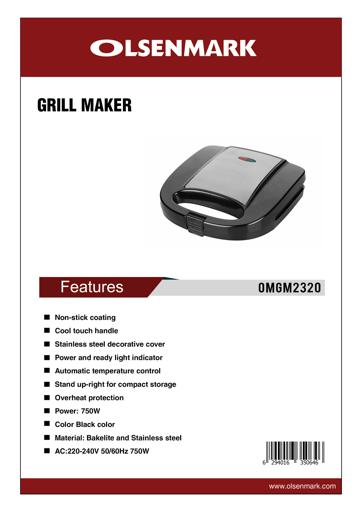 display image 10 for product Non-stick Coating Cool Touch Handle Grill Maker OMGM2320 Olsenmark