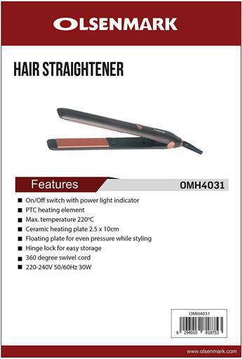 display image 8 for product Olsenmark Ceramic Hair Straightener - Easy Pro-Slim Hair Straightener -Max Temperature 220C -On/Off