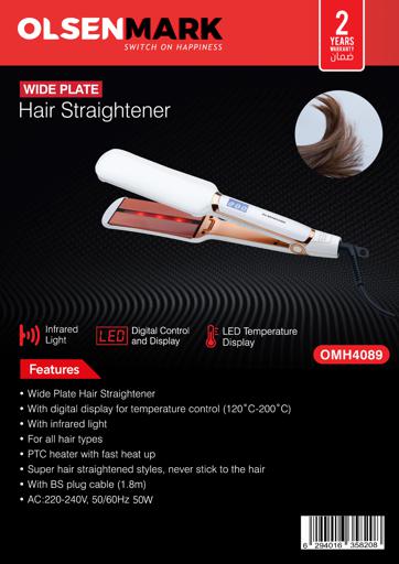 display image 11 for product Wide Plate Hair Straightener, PTC Heater, OMH4089 | Adjustable Temperature | Digital Display | Portable, Lightweight Hair Straightener for All Hair Types