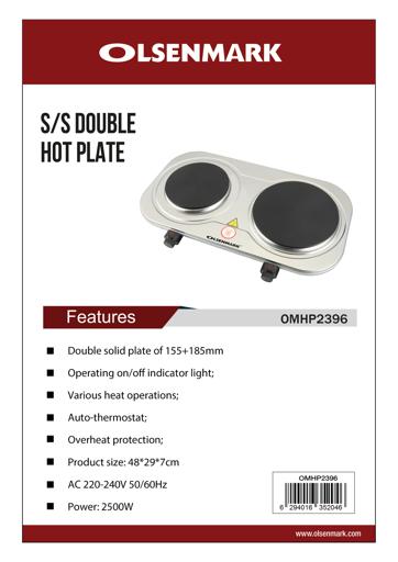 display image 11 for product Olsenmark Double Burner Electric Hot Plate - Operating indicator light: On/Off - Heat operation - Over heat protection - Auto-thermostat control - Power(watt): 2500 - Double plate Size(mm): 155+185mm