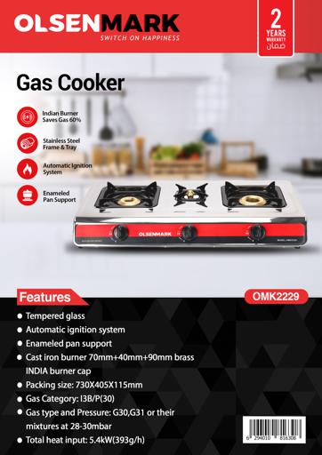 display image 10 for product Olsenmark Stainless Steel Triple Burner Gas Stove - Auto Ignition - Cast Iron Pan Burner