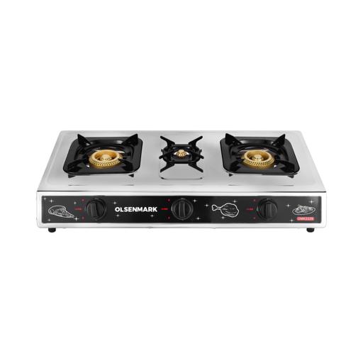 display image 0 for product Olsenmark Gas Cooker - OMK2229 | Automatic Ignition System | 3 Cast Iron Burner with Enamel Pan Support| Low Gas Consumption and Efficient Indian Burners| Improved Gas Flow for Efficient Heating| LPG Gas Stove| Silver| 2 Years Warranty