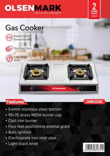 display image 8 for product Double Burner Stainless Steel Gas Cooker, OMK2230 | Indian Brass Burner Cap | Enamal Grate & Black Knob | Auto-Ignition Gas Cooker